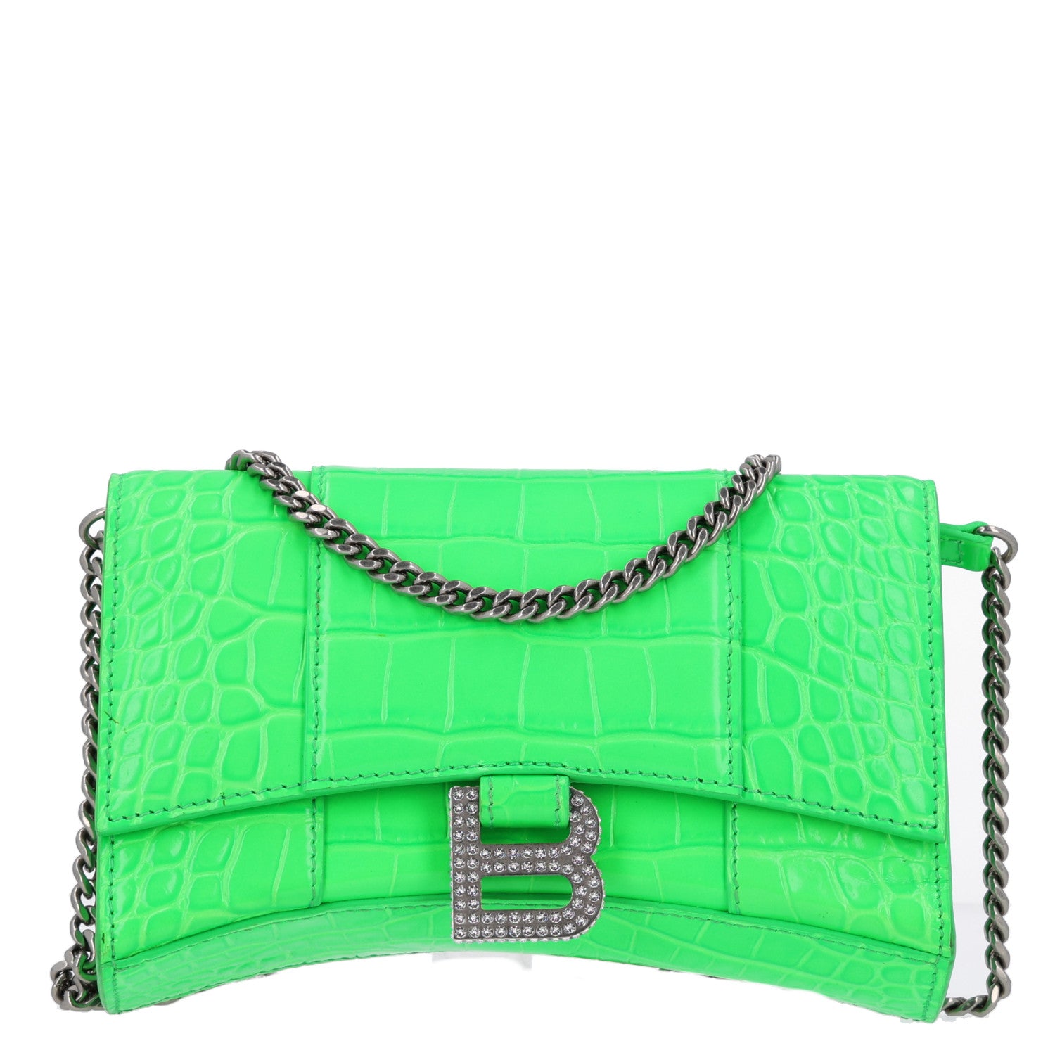 Balenciaga Shiny Calfskin Strass Crocodile Embossed Hourglass Chain Bag Fluo Green 1 of 10