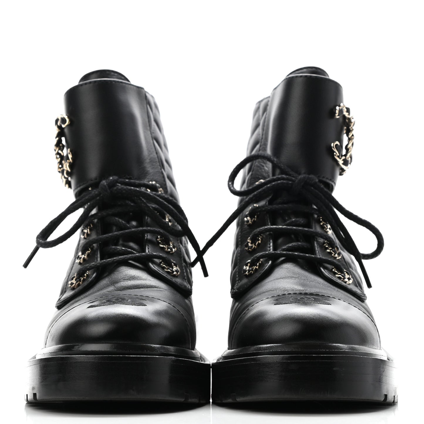 Shiny Lambskin Quilted Lace Up Combat Boots 36.5 Black
