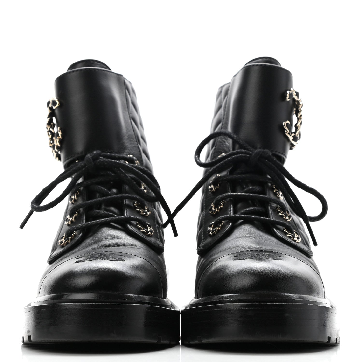 Chanel Shiny Lambskin Quilted Lace Up Combat Boots 36.5 Black 2 of 9
