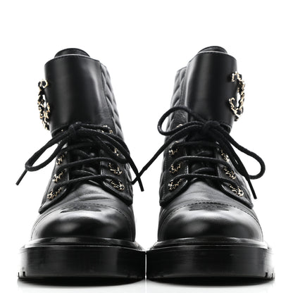 Chanel Shiny Lambskin Quilted Lace Up Combat Boots 36.5 Black 2 of 9