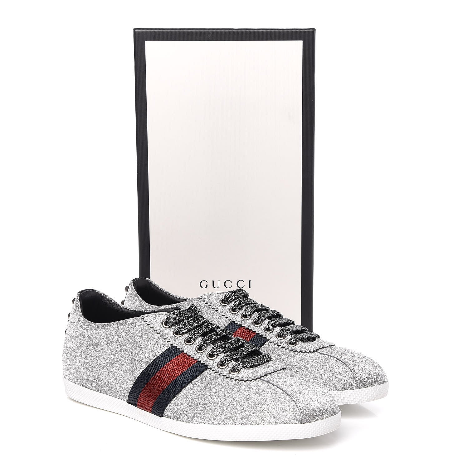 Gucci Glitter Fabric Studded Web Womens Sneakers 39.5 Silver 8 of 8