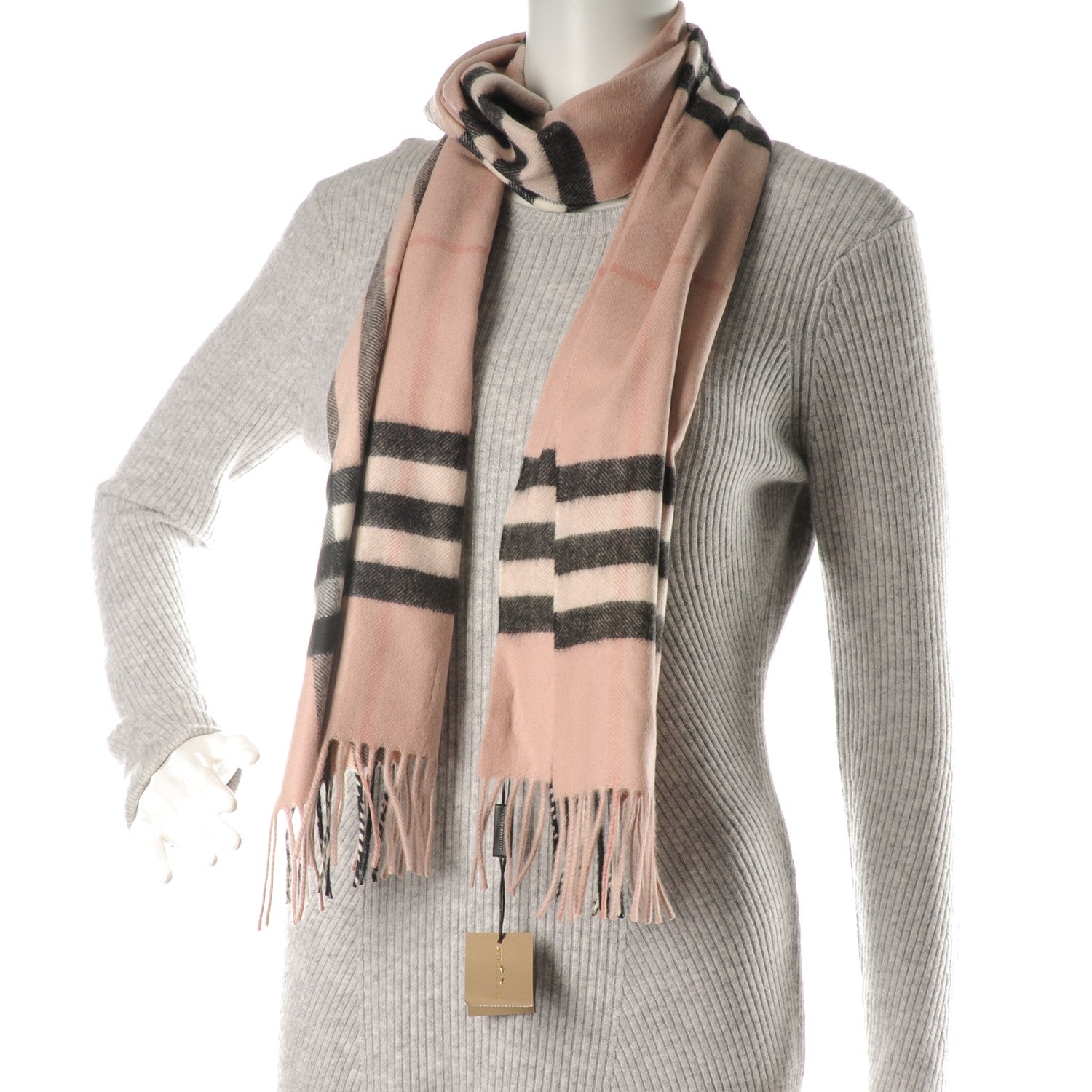 Burberry Cashmere Giant Heritage Check Fringe Scarf Ash Rose 2 of 5