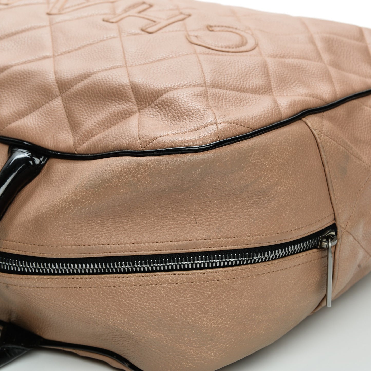 Caviar Patent Quilted Large Bowler Bag Beige Black
