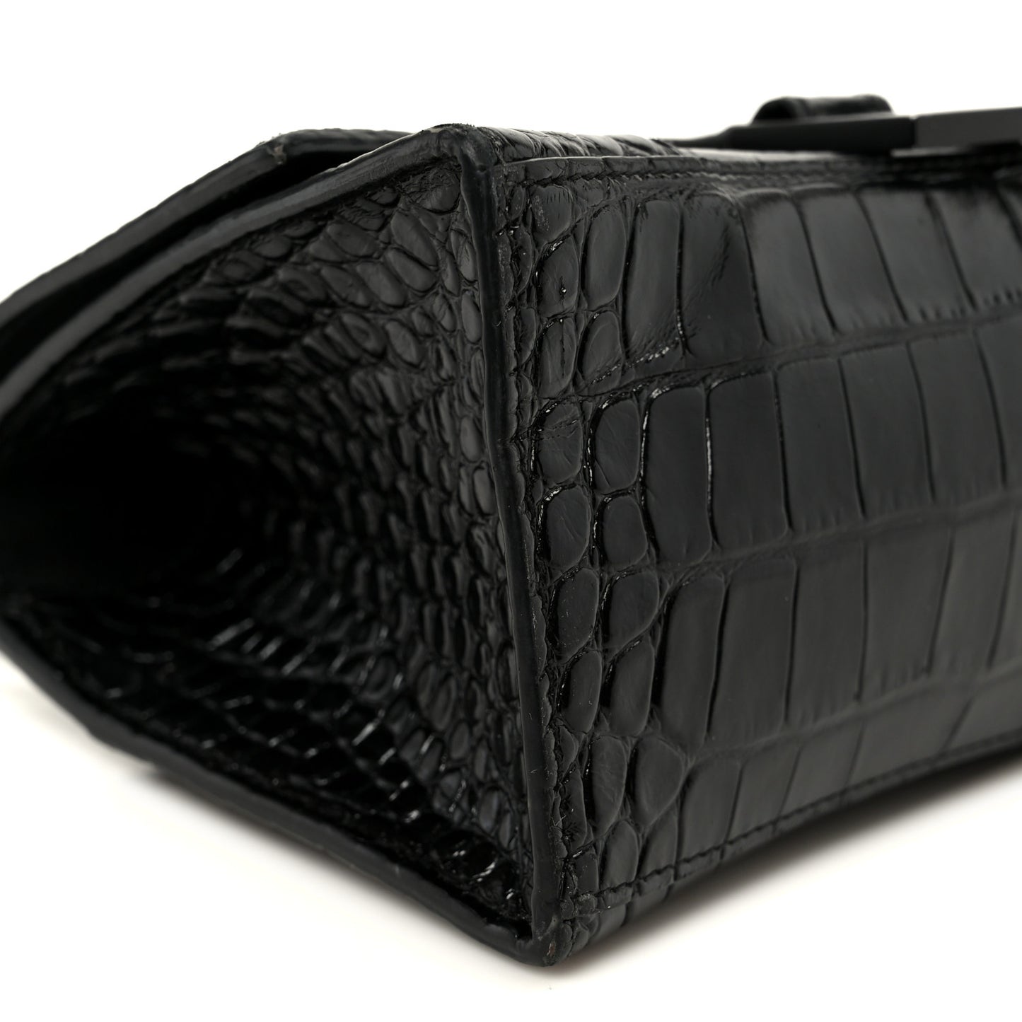 Shiny Calfskin Monochrome Crocodile Embossed Small Hourglass Top Handle Bag Black