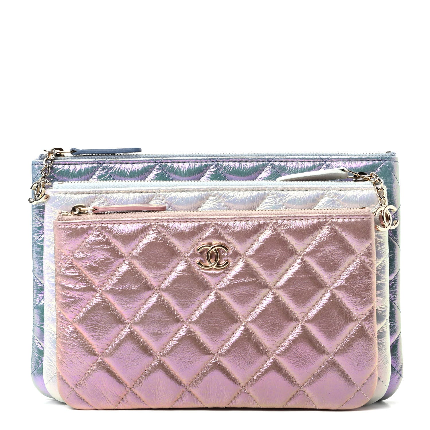 Chanel Iridescent Crumpled Calfskin Trio Cosmetic Case Blue Pink Ivory 1 of 12