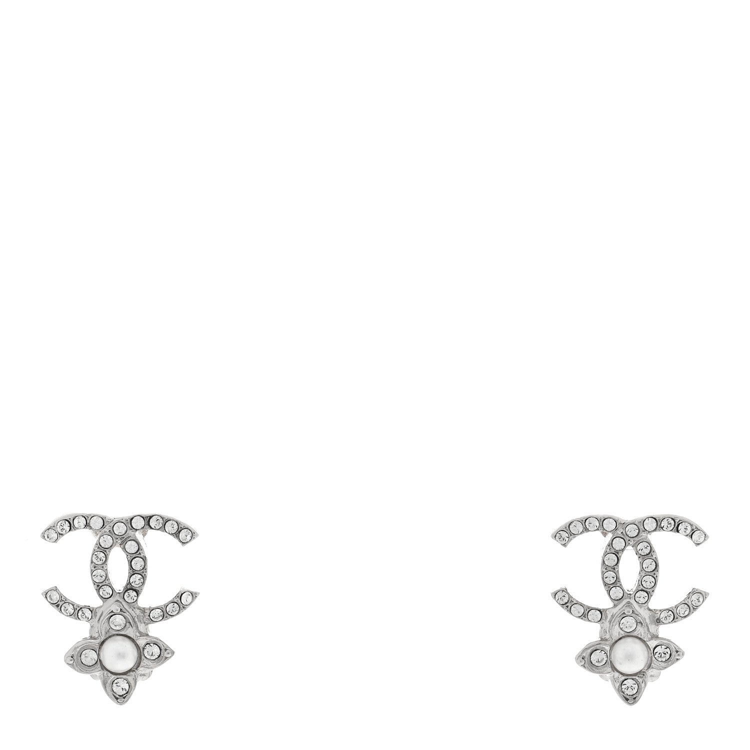 Chanel Crystal Pearl Flower CC Earrings Silver 1 of 4