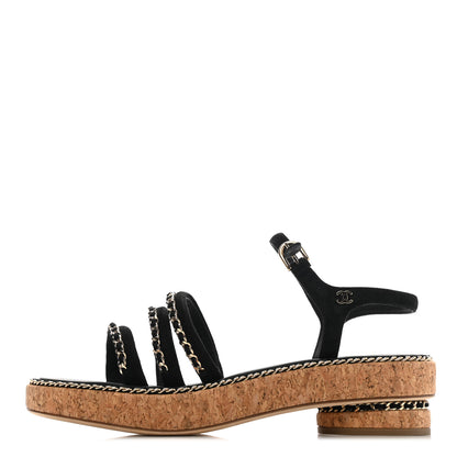 Chanel Lambskin Chain Cork Sandals 39.5 Black 1 of 9