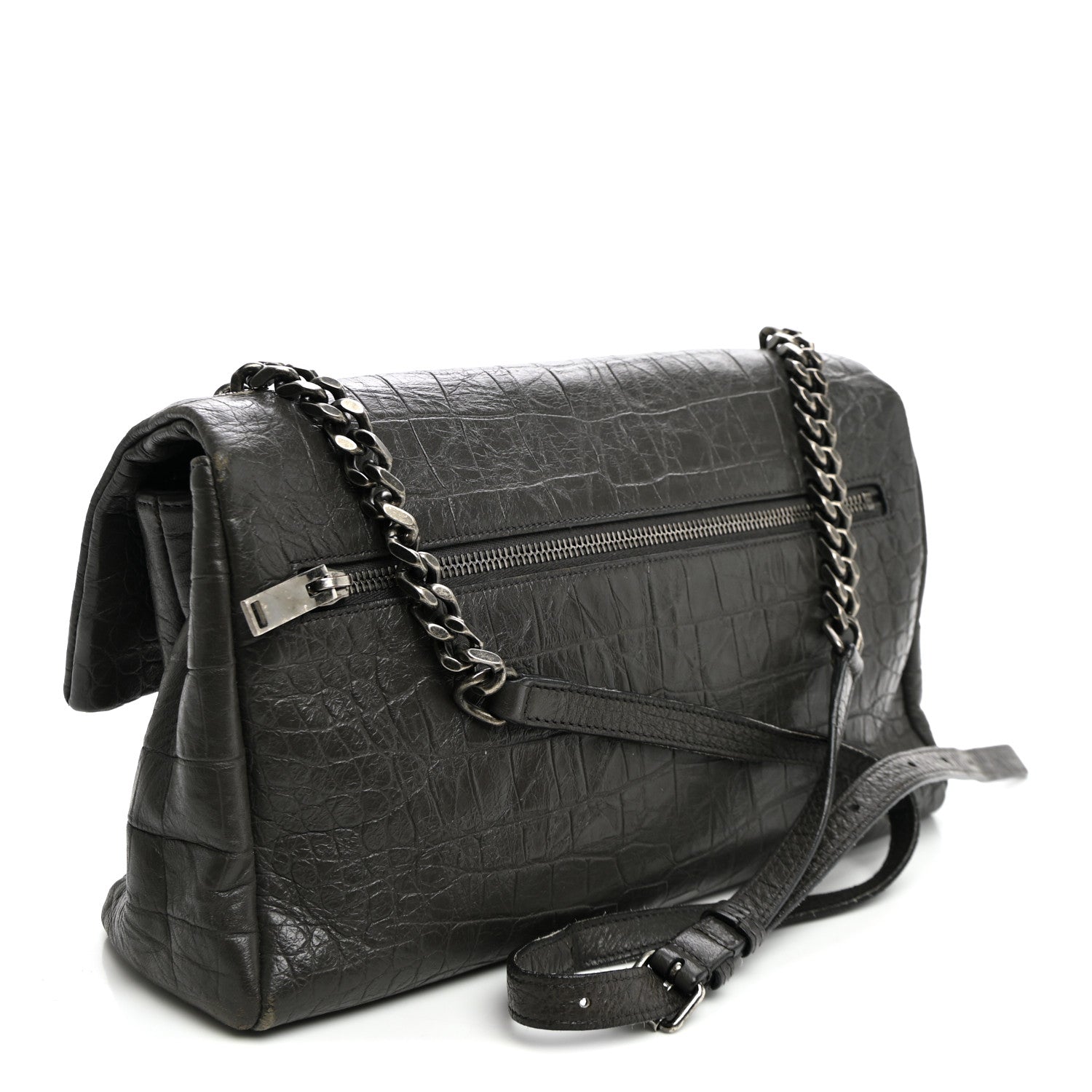Saint Laurent Calfskin Crocodile Embossed Medium West Hollywood Monogram Fold-Over Grey 3 of 12