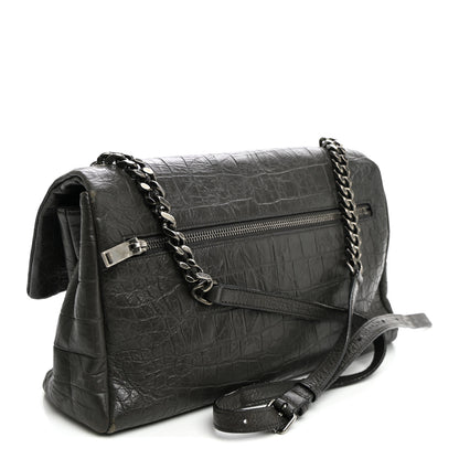 Saint Laurent Calfskin Crocodile Embossed Medium West Hollywood Monogram Fold-Over Grey 3 of 12