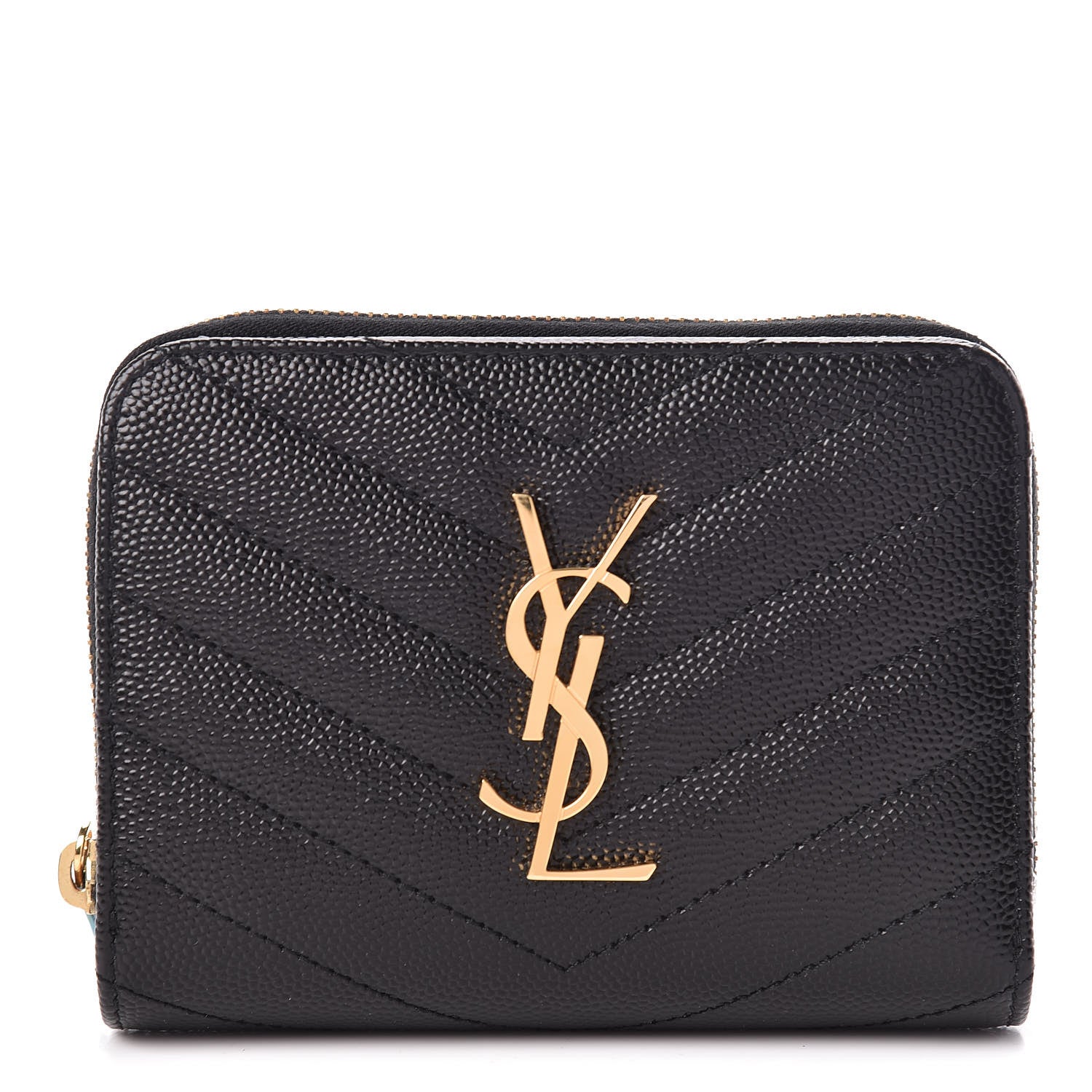 Saint Laurent Grain De Poudre Matelasse Chevron Monogram Compact Zip Around Wallet Black 1 of 8
