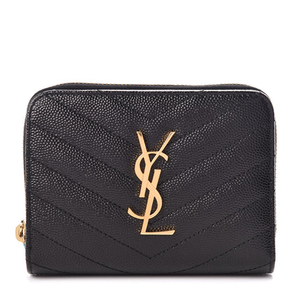 Saint Laurent Grain De Poudre Matelasse Chevron Monogram Compact Zip Around Wallet Black 1 of 8