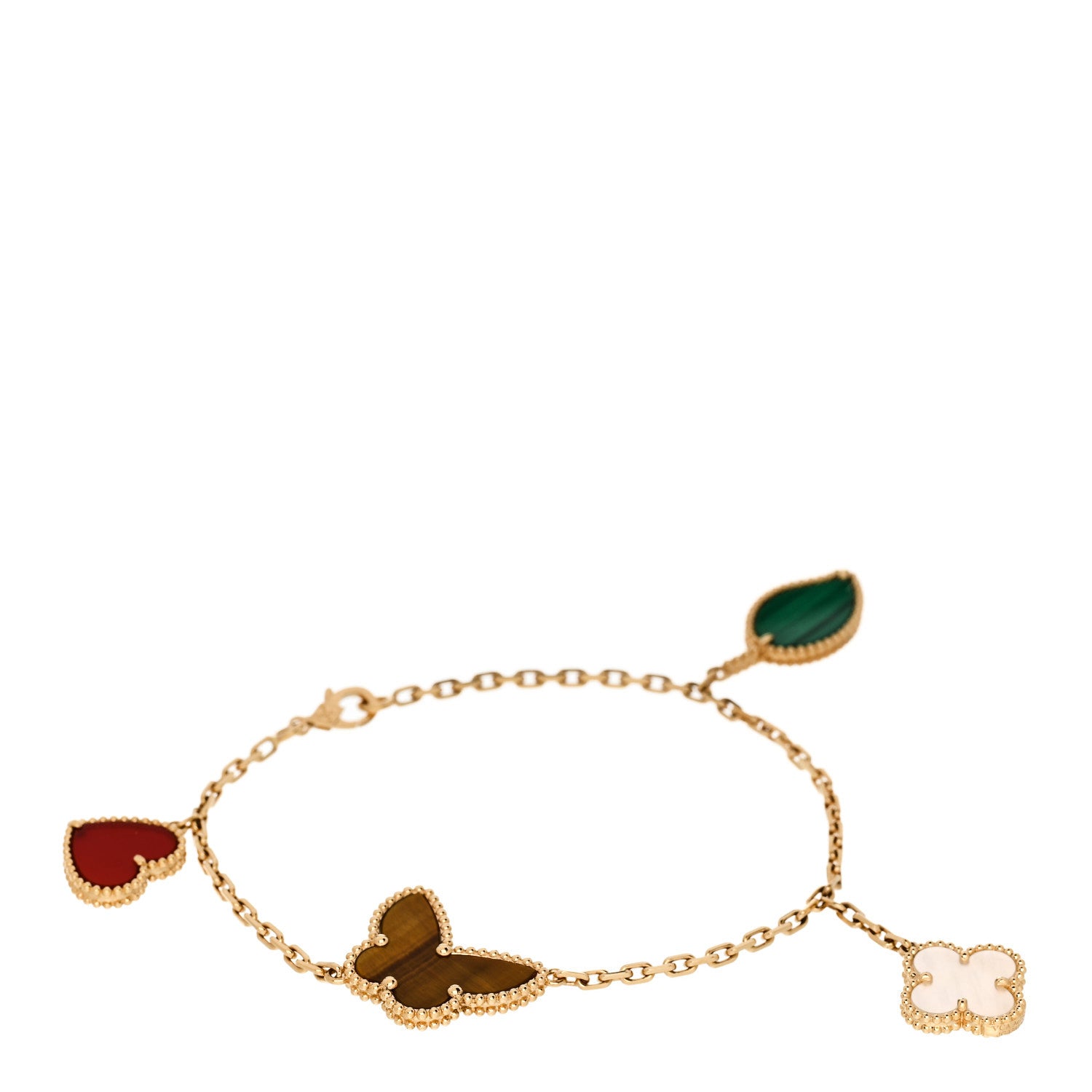 Van Cleef & Arpels 18K Yellow Gold Mother of Pearl Malachite Carnelian Tiger Eye 4 Motifs Lucky Alhambra Bracelet 1 of 3