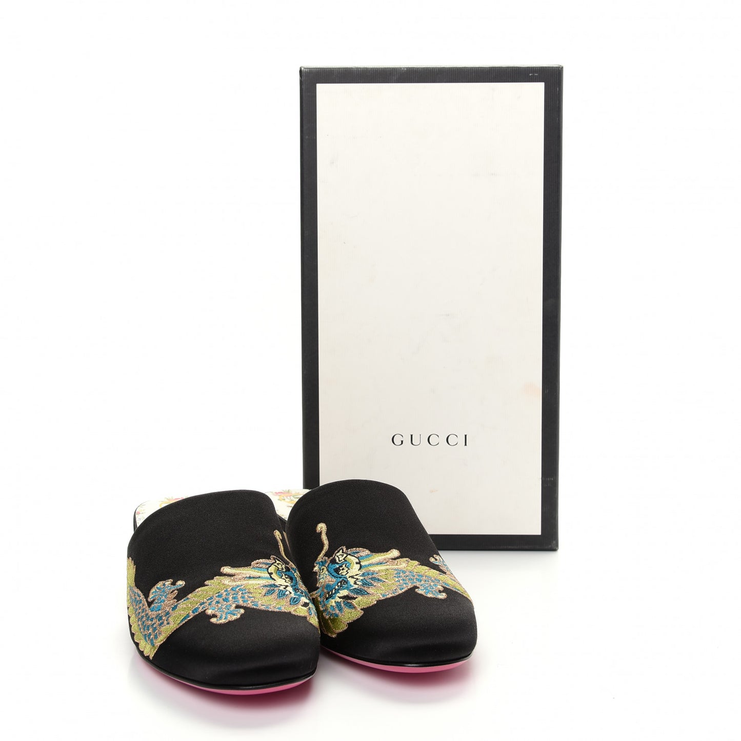 Satin Dragon Embroidered Candy Mules 38.5 Black