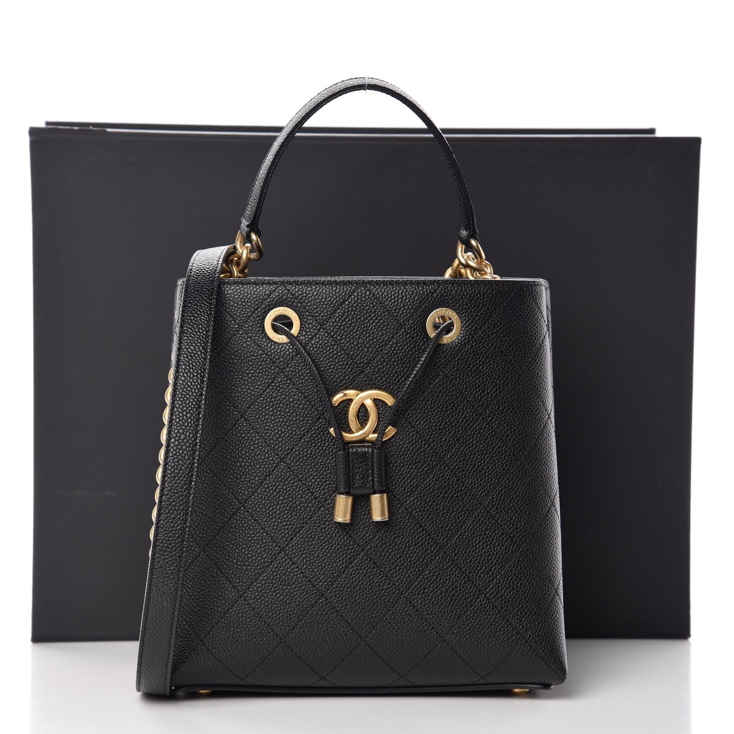 Grained Calfskin Stitched Small Drawstring Bag Black