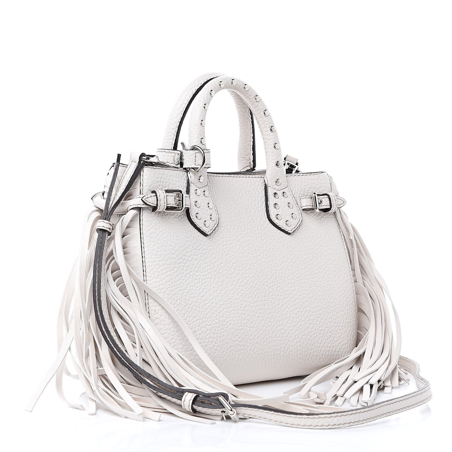 Grainy Calfskin Studded Fringe Baby Banner Tote White