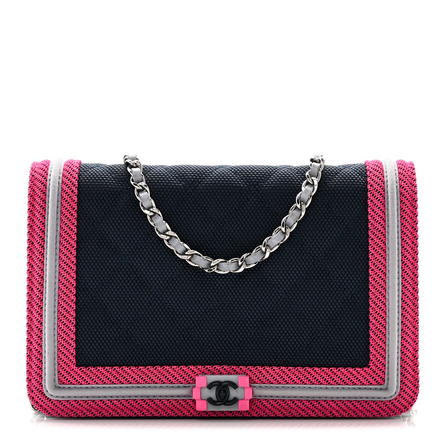Chanel Canvas Quilted Fluo Boy Wallet On Chain WOC Dark Navy Fuchsia Grey 1 of 11