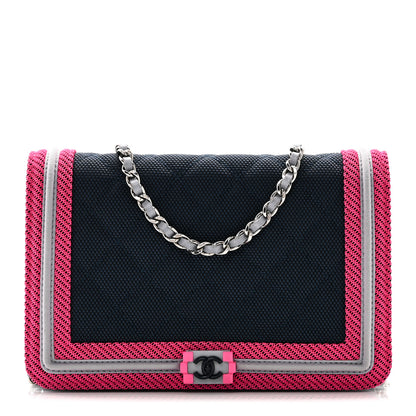 Chanel Canvas Quilted Fluo Boy Wallet On Chain WOC Dark Navy Fuchsia Grey 1 of 11
