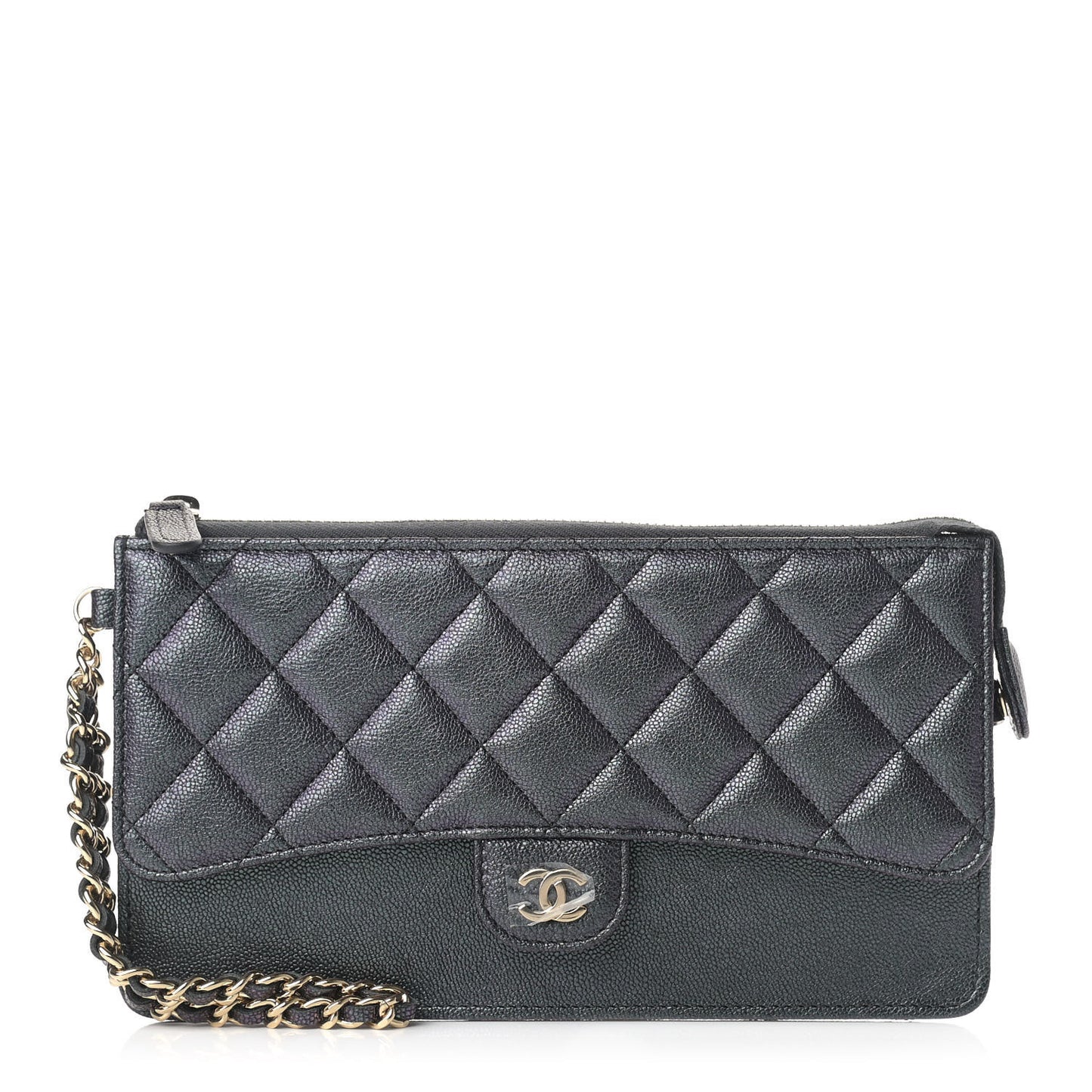 Iridescent Caviar Quilted Classic Pouch With Handle Black