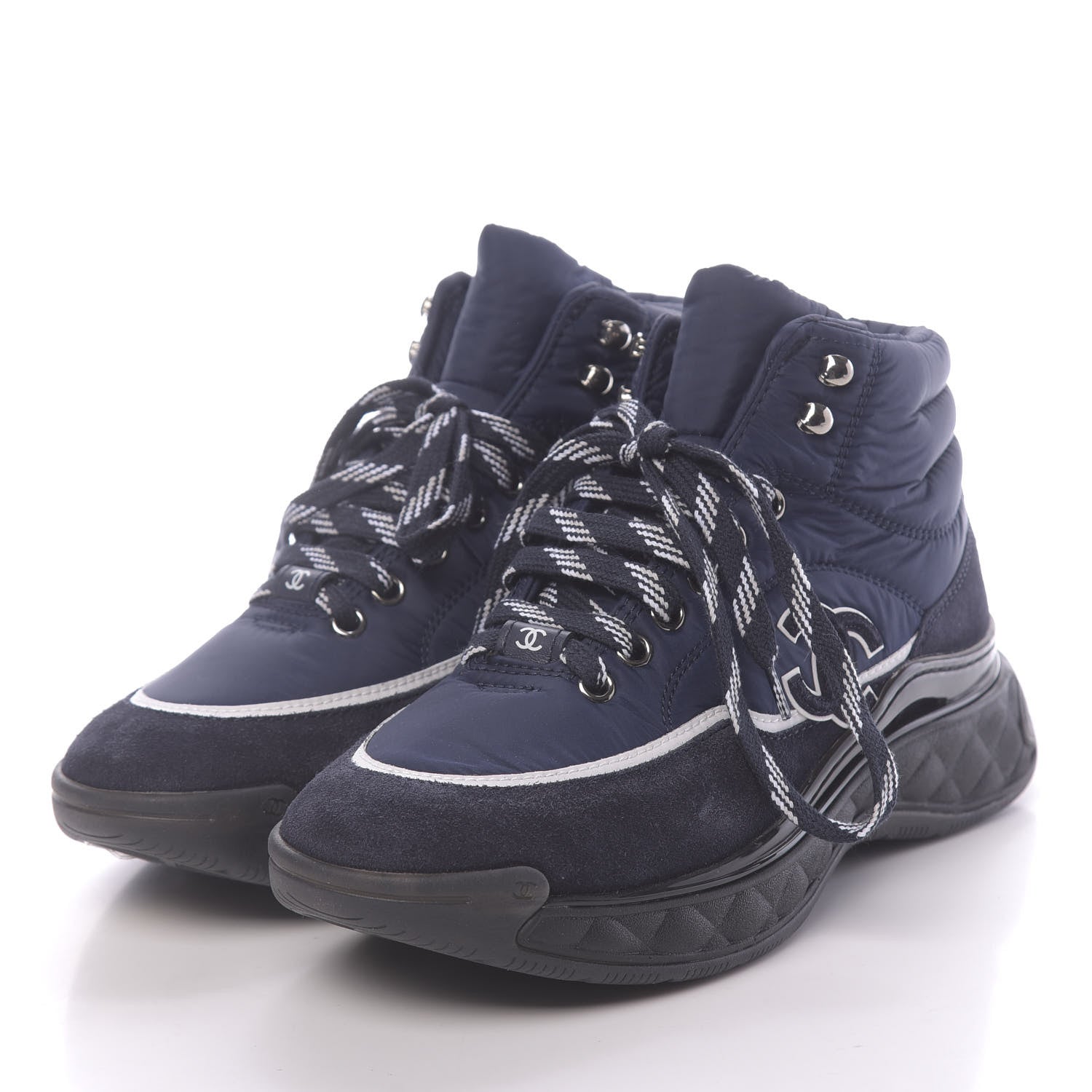 Chanel Fabric Calfskin Suede Womens CC Sneakers 37 Navy 3 of 9