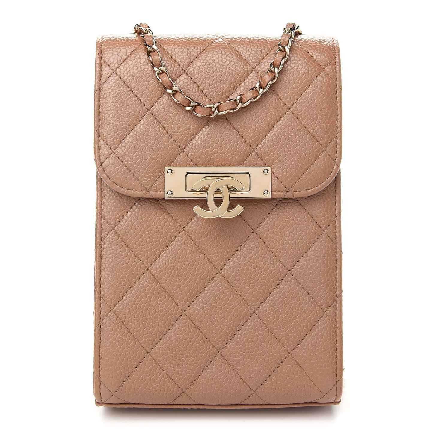 Caviar Quilted Golden Class Phone Holder Beige