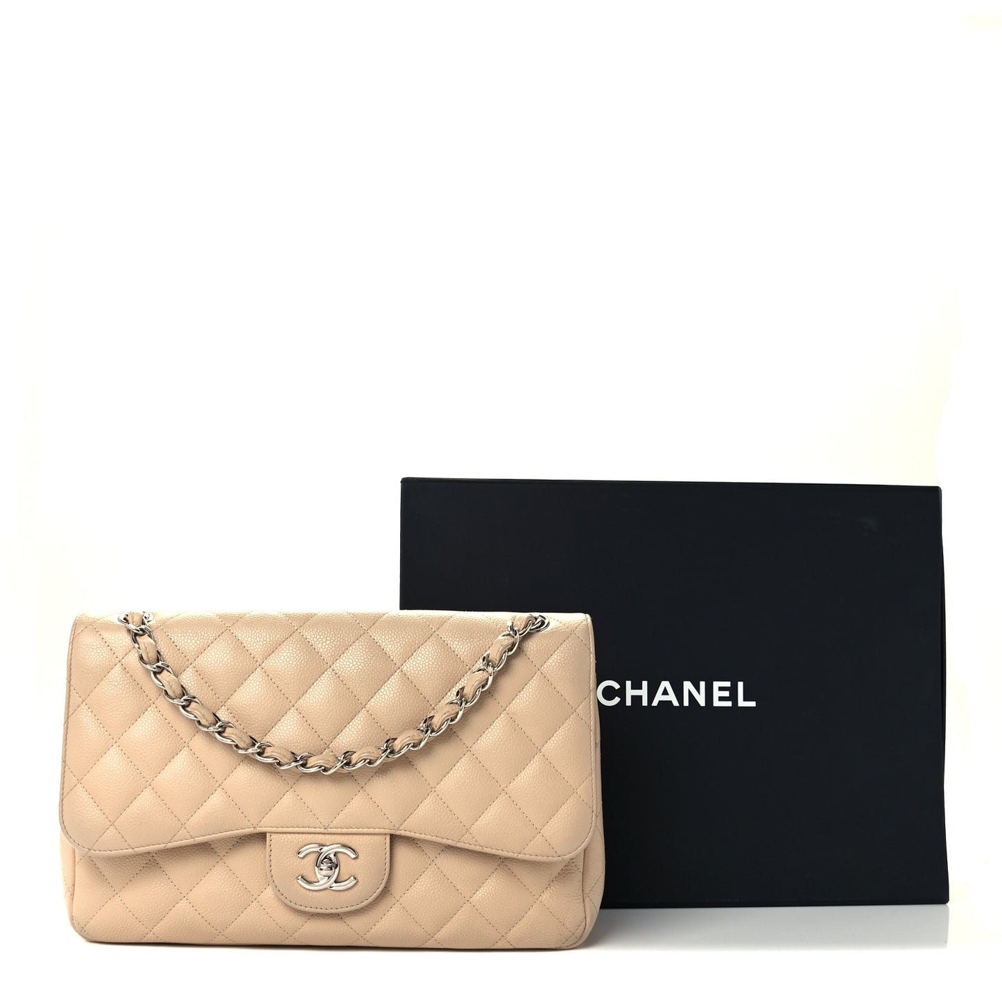 Caviar Quilted Jumbo Double Flap Light Beige