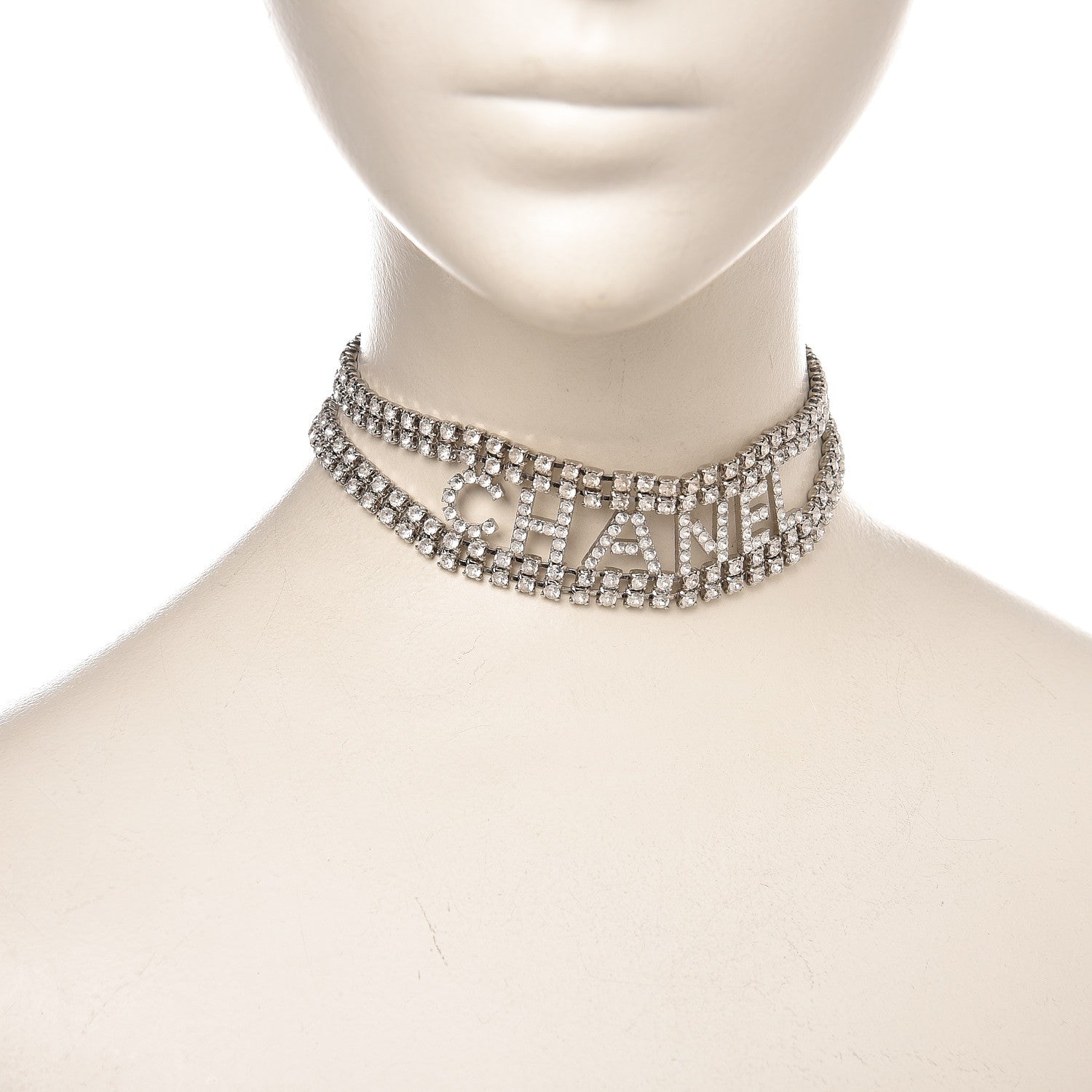 Chanel Crystal CC Logo Choker Necklace Silver 2 of 4