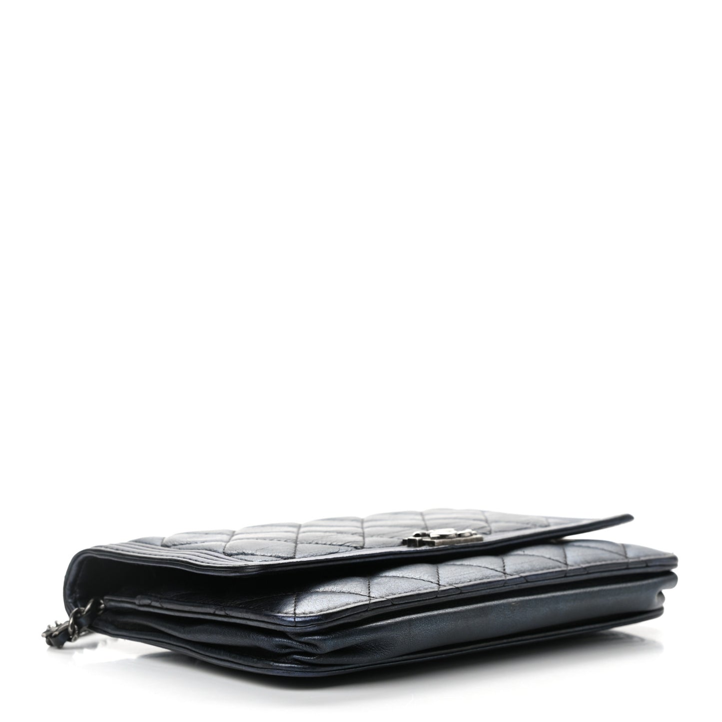 Metallic Calfskin Quilted Boy Wallet On Chain WOC Navy Blue