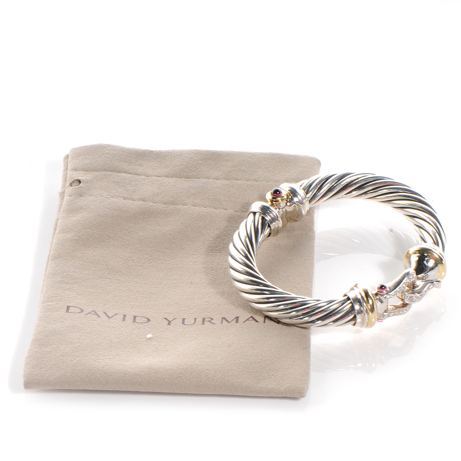 David Yurman Sterling Silver 18K Yellow Gold Diamond Pink Tourmaline 10mm Cable Buckle Bracelet 6 of 6