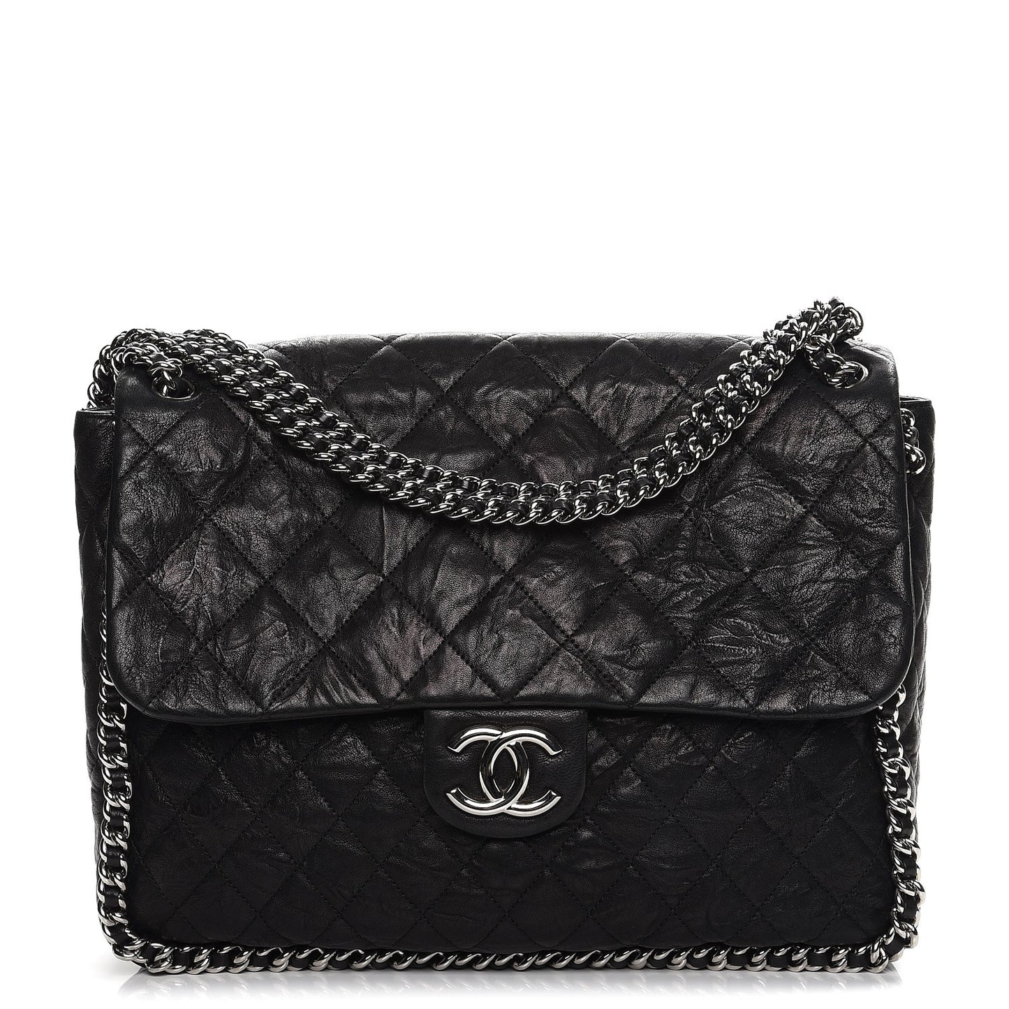 Washed Lambskin Quilted Maxi Chain Around Flap Black