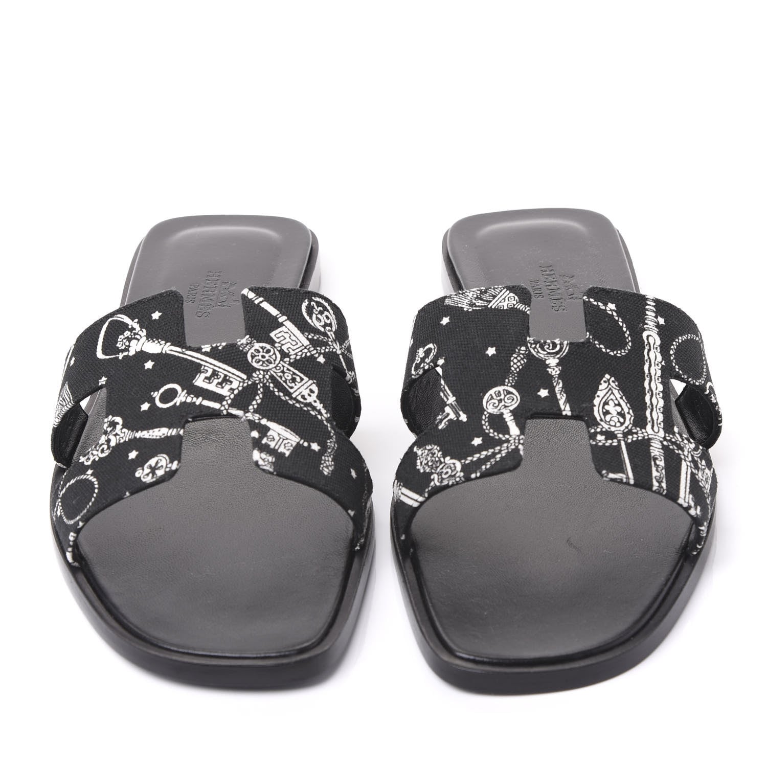 Hermes Cotton Canvas Printed Les Cles Bandana Oran Sandals 37 Black 2 of 9