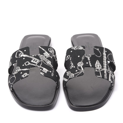 Hermes Cotton Canvas Printed Les Cles Bandana Oran Sandals 37 Black 2 of 9