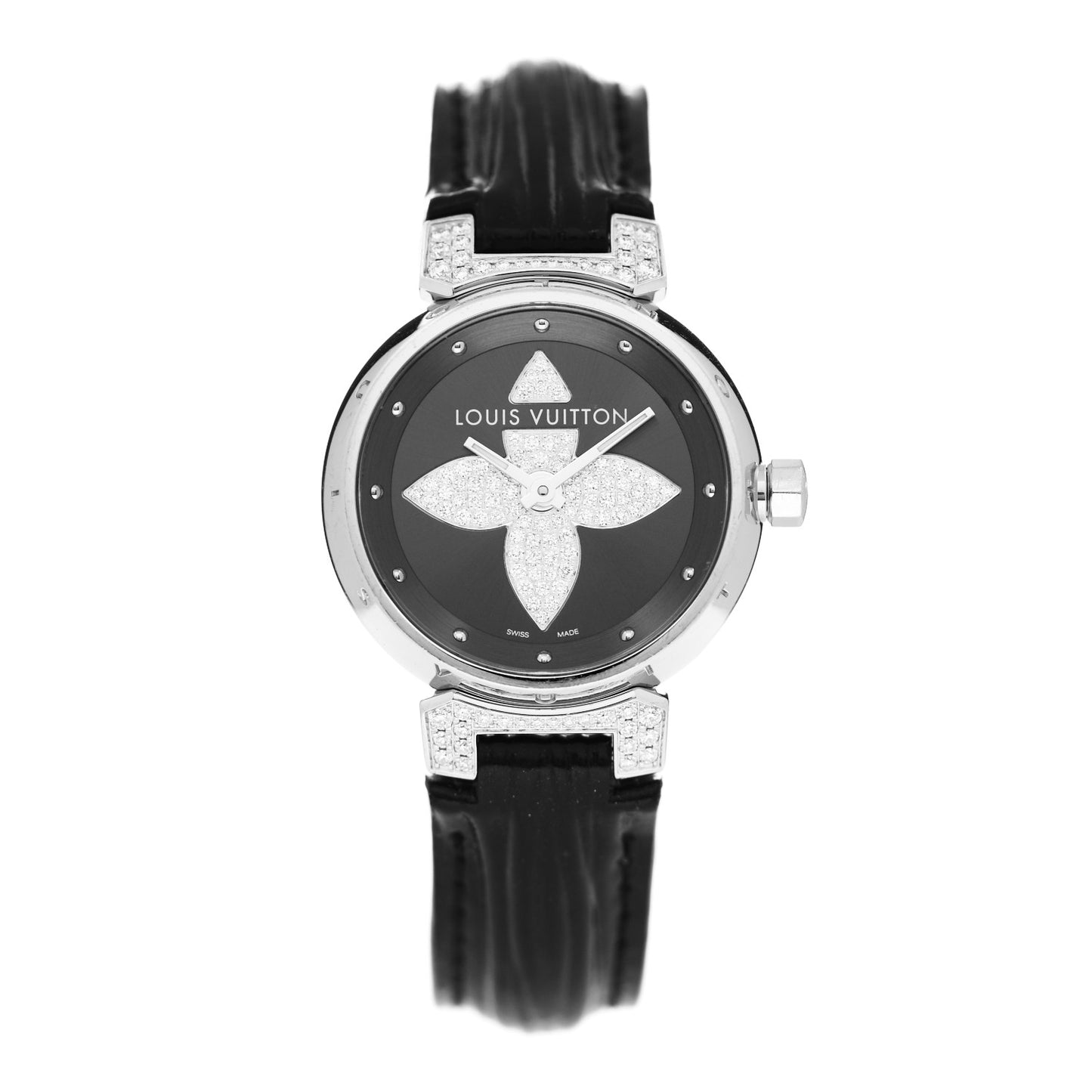 Stainless Steel Epi Diamond 28mm Tambour Bijou Quartz Watch Black