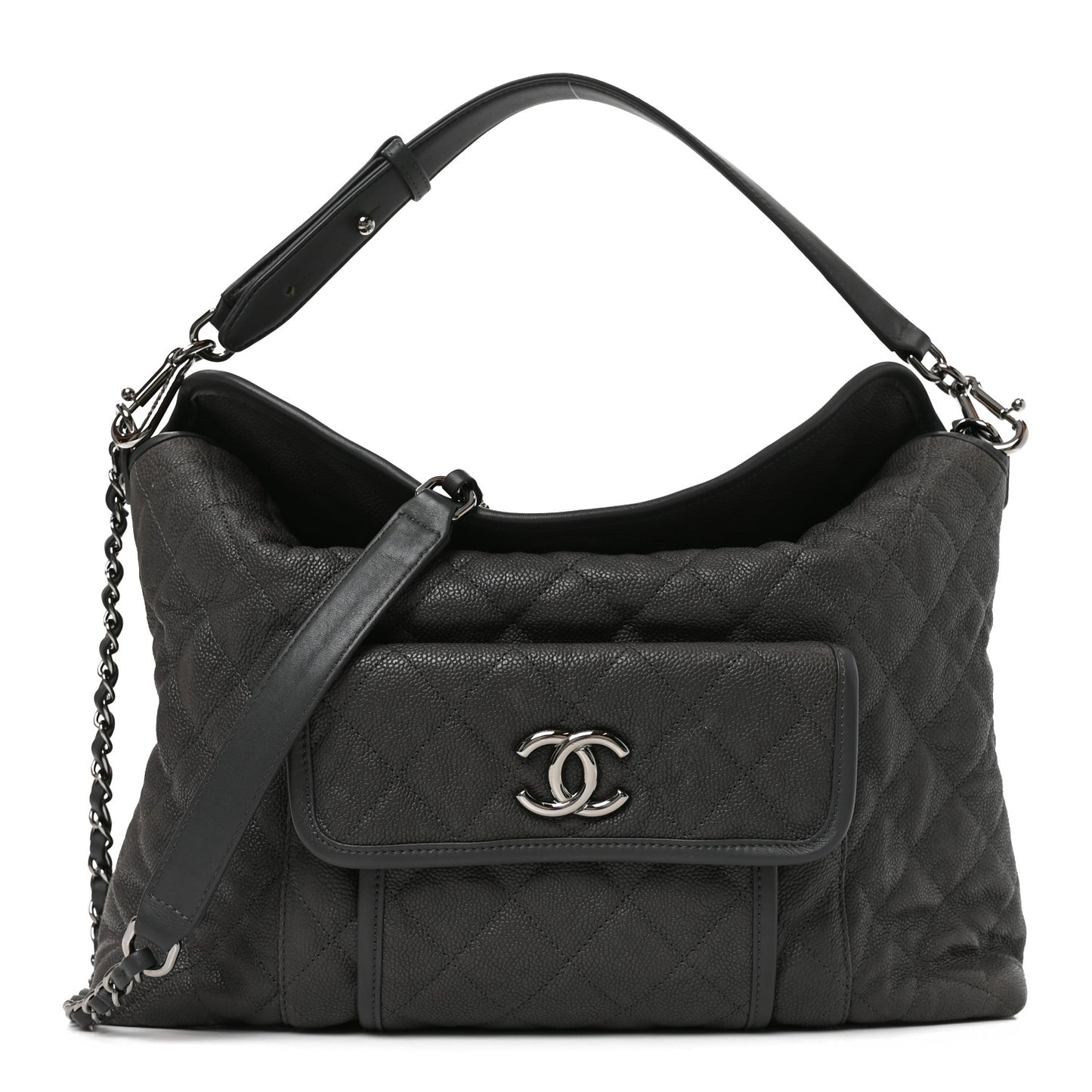 Caviar Quilted French Riviera Hobo Dark Grey
