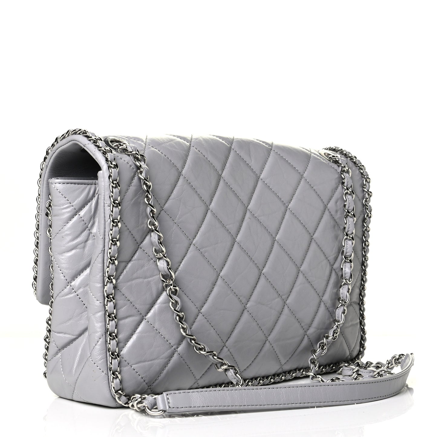 Crumpled Calfskin Large Chain All Over Flap Grey