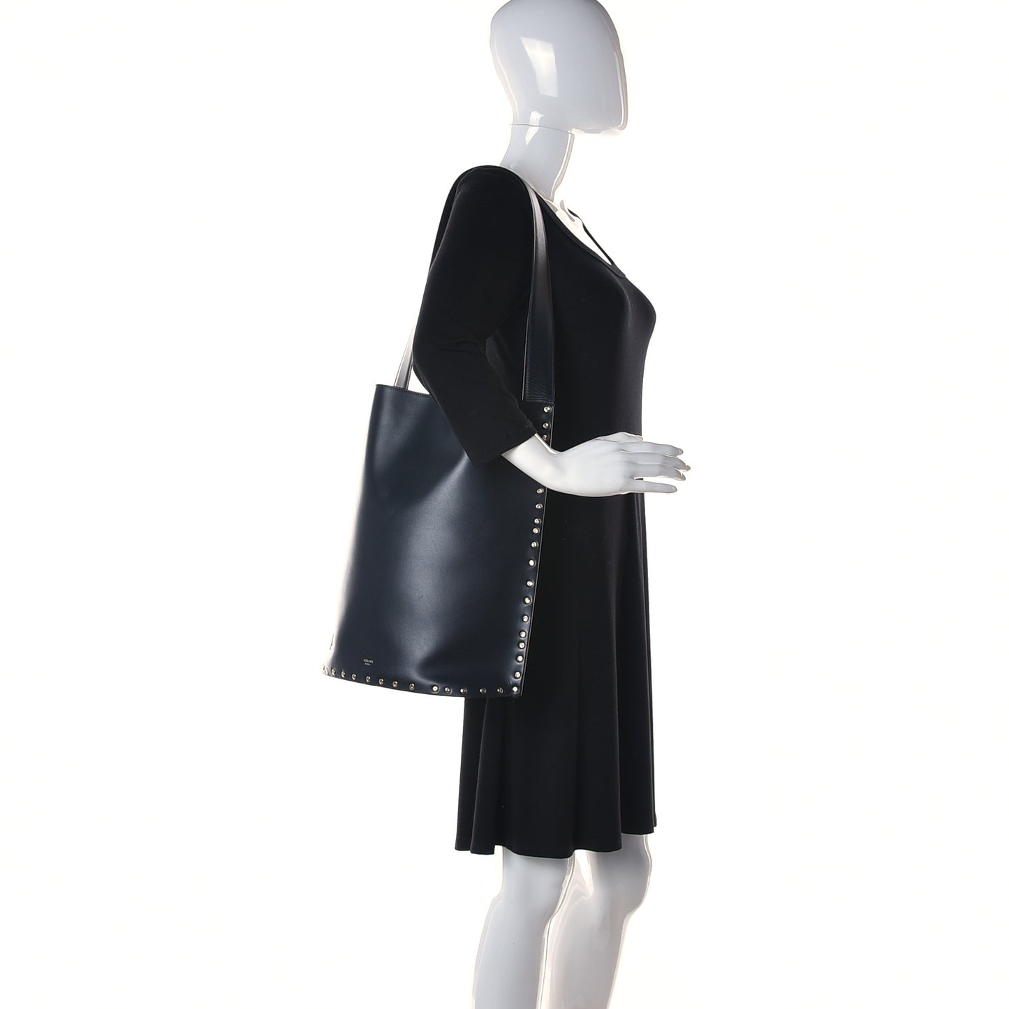 Satinated Natural Calfskin Large Studs Bucket Shoulder Bag Dark Navy