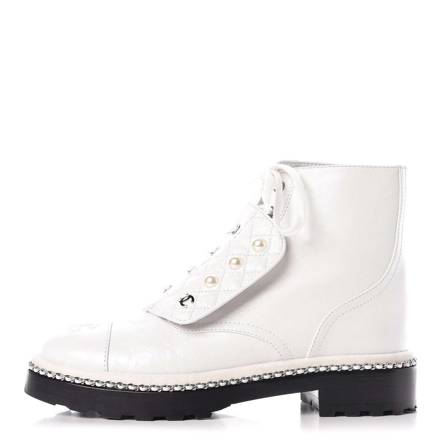 Crackled Calfskin Pearl Chain CC Combat Short Boots 40 White