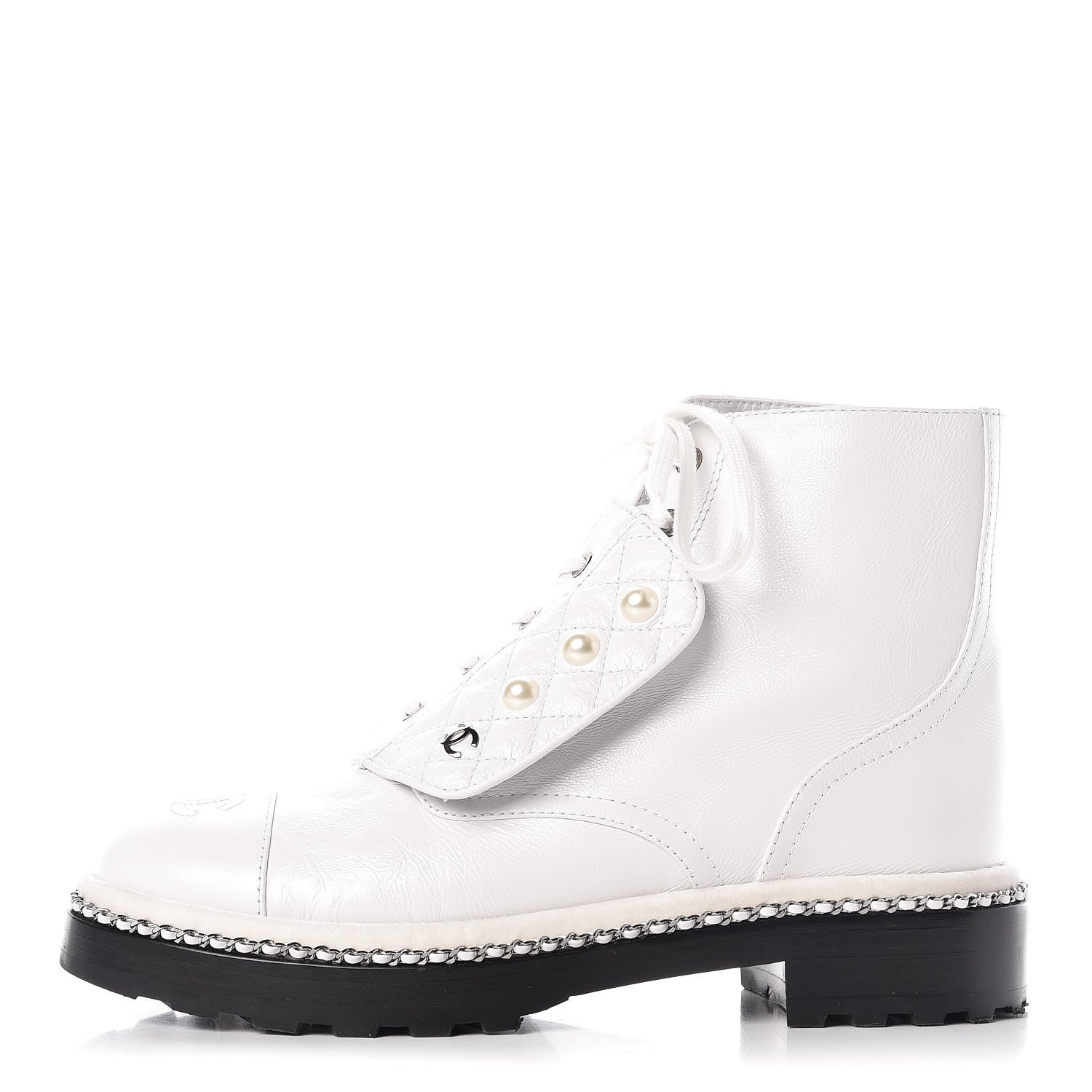 Chanel Crackled Calfskin Pearl Chain CC Combat Short Boots 40 White 1 of 16