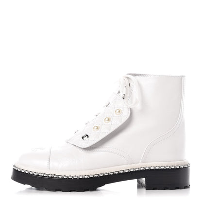 Chanel Crackled Calfskin Pearl Chain CC Combat Short Boots 40 White 1 of 16