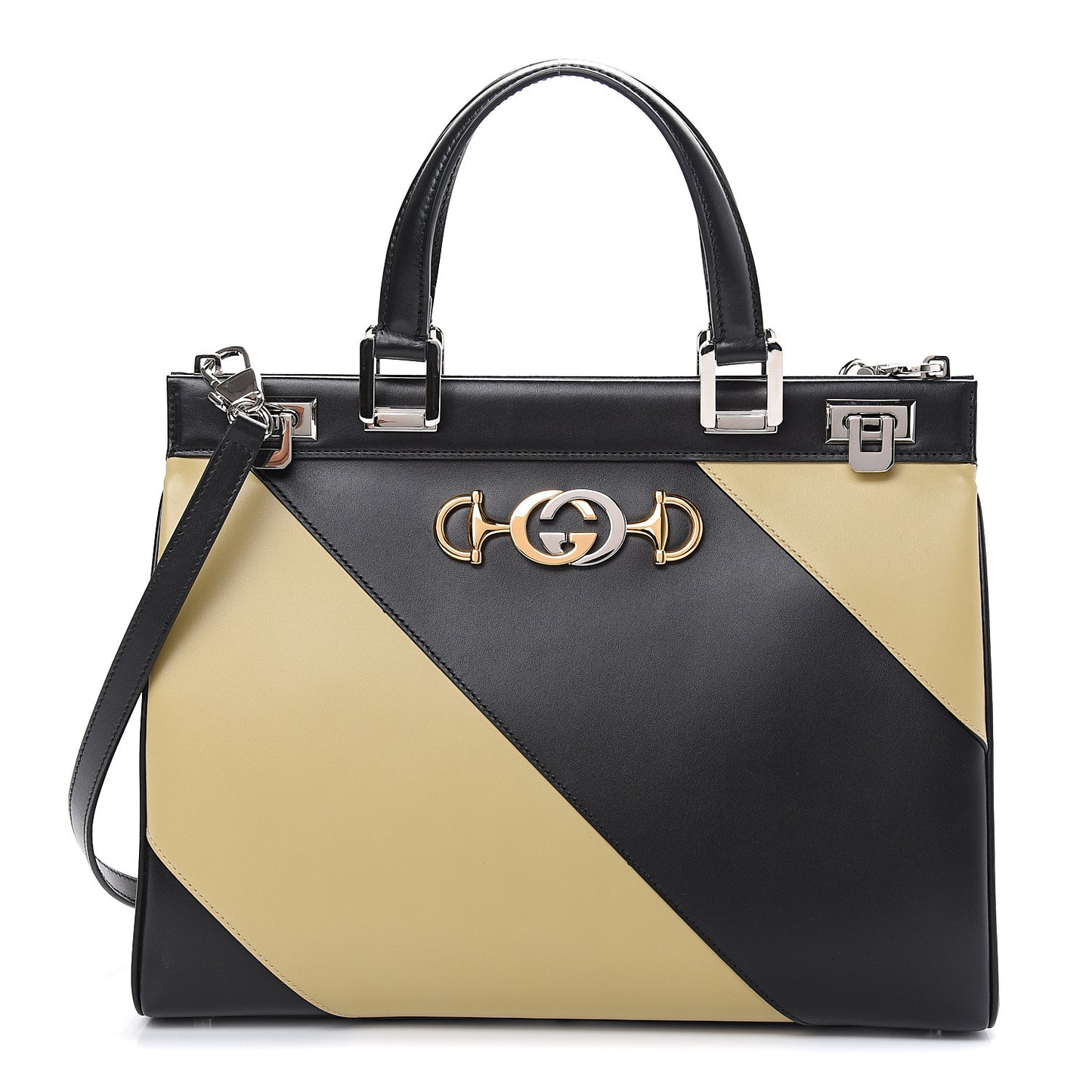 Smooth Calfskin Diagonal Striped Medium Zumi Top Handle Bag Black Beige