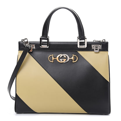 Gucci Smooth Calfskin Diagonal Striped Medium Zumi Top Handle Bag Black Beige 1 of 10