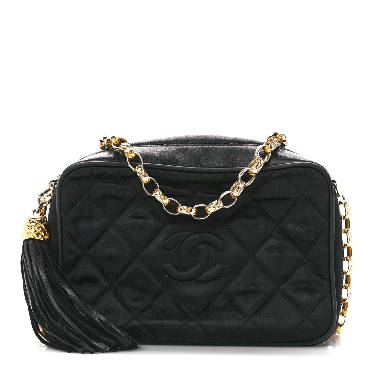 Satin Quilted Tassel Camera Case Black