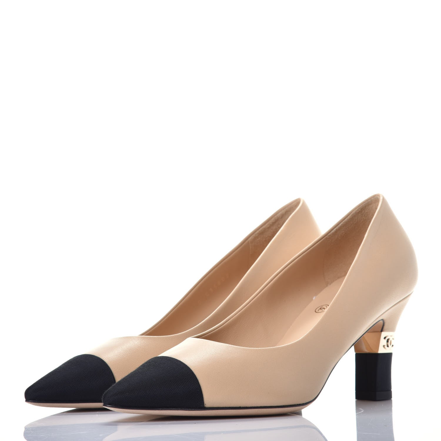 Chanel Lambskin Grosgrain Cap Toe CC Pumps 36.5 Beige Black 3 of 9