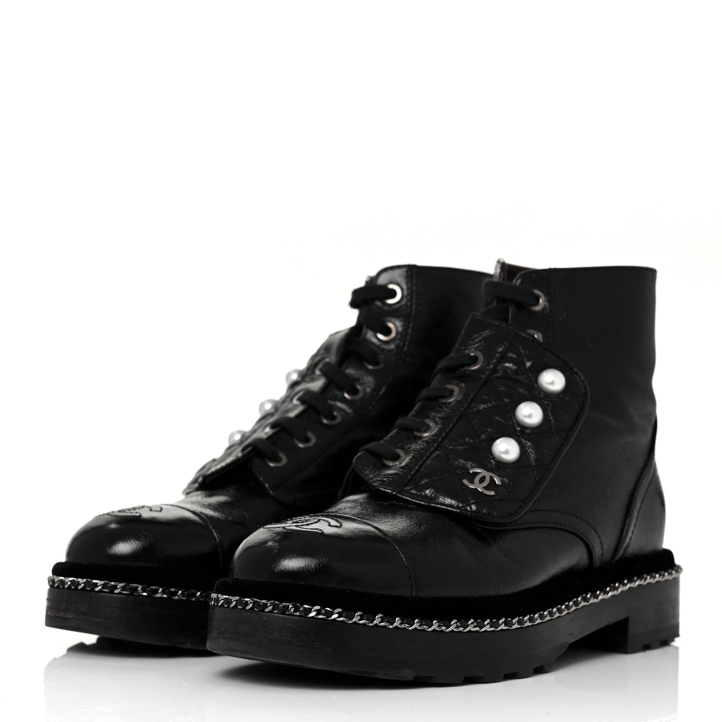 Crackled Calfskin Velvet Pearl Combat Short Boots 36 Black