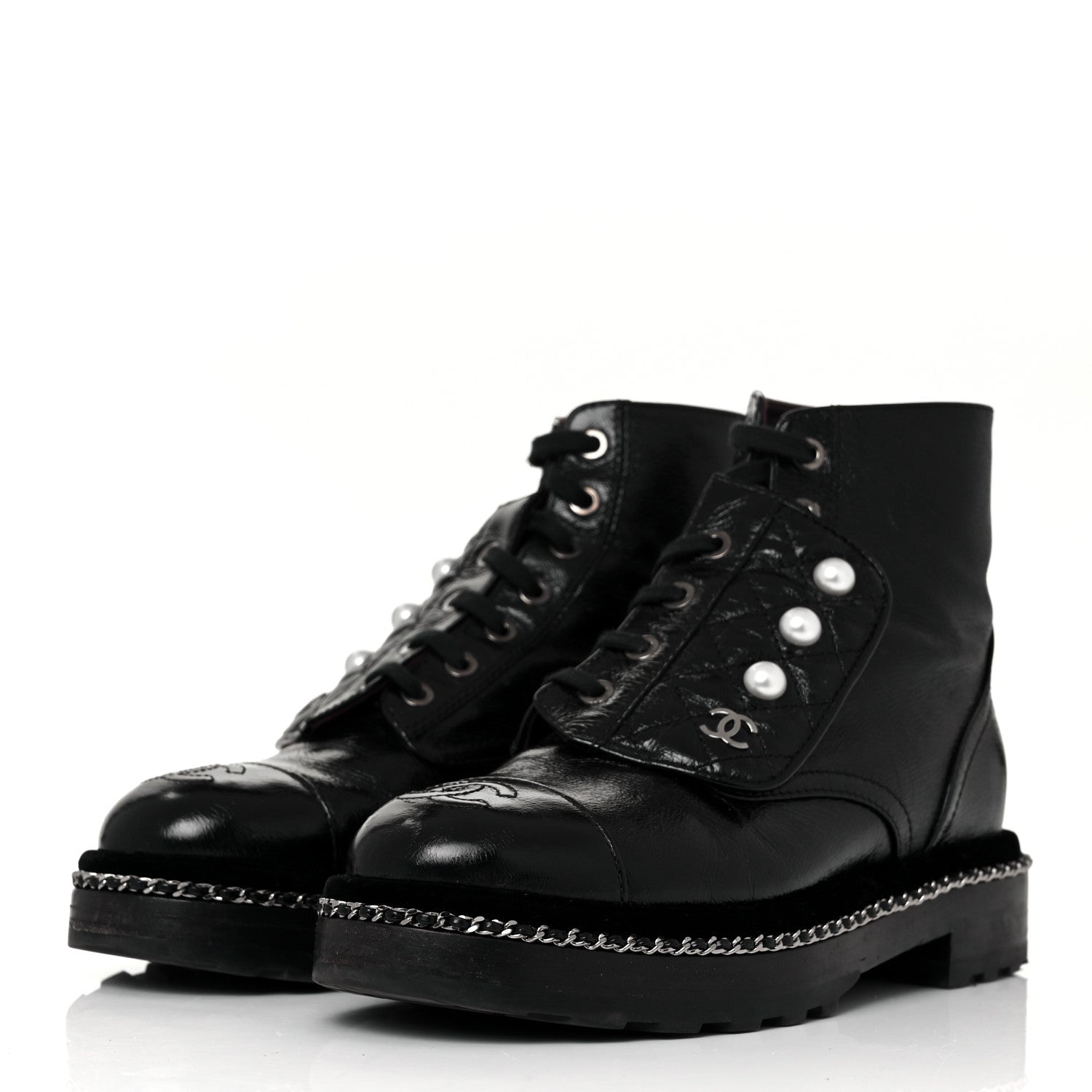 Chanel Crackled Calfskin Velvet Pearl Combat Short Boots 36 Black 3 of 6
