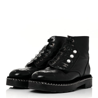 Chanel Crackled Calfskin Velvet Pearl Combat Short Boots 36 Black 3 of 6