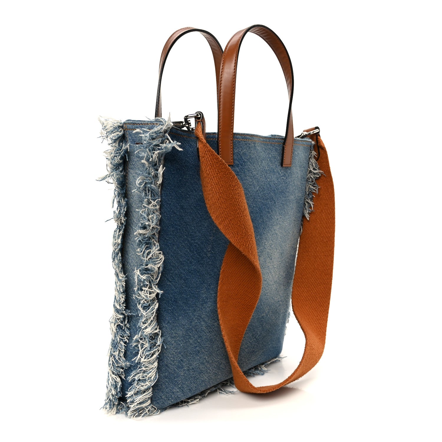FENDI エトニコ　デニムトートバッグ Fendi Denim Lavato Vitello King Logo Embroidered Frayed Tote Denim