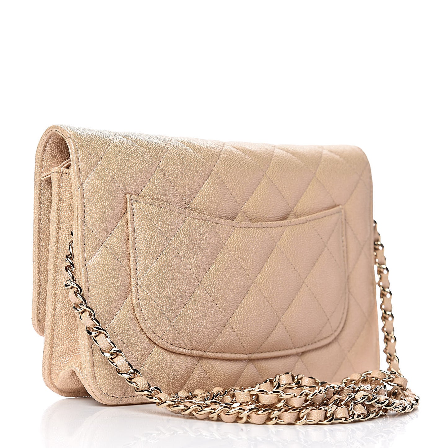 Iridescent Caviar Quilted Wallet On Chain WOC Beige