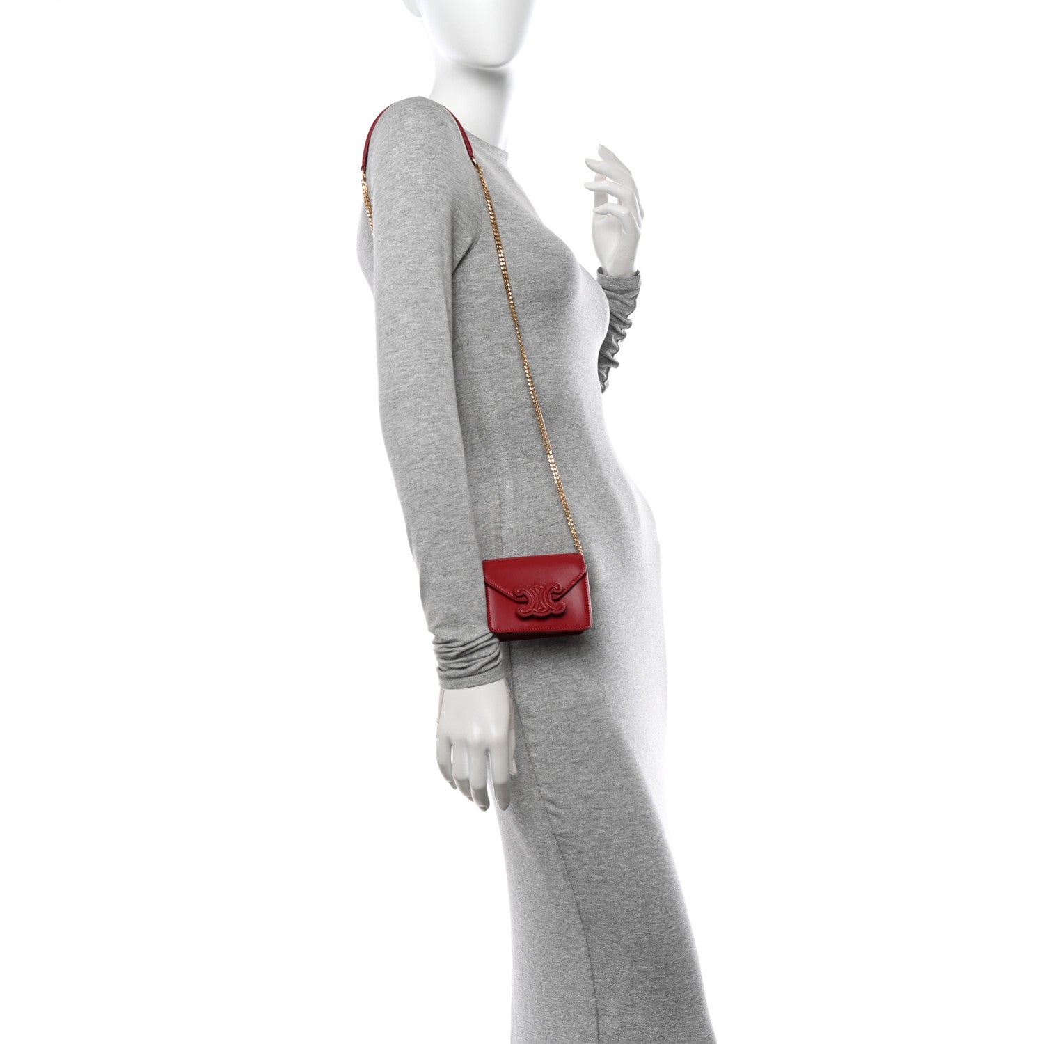 Celine Shiny Calfskin Triomphe Card Holder on Chain Velvet Red 2 of 10