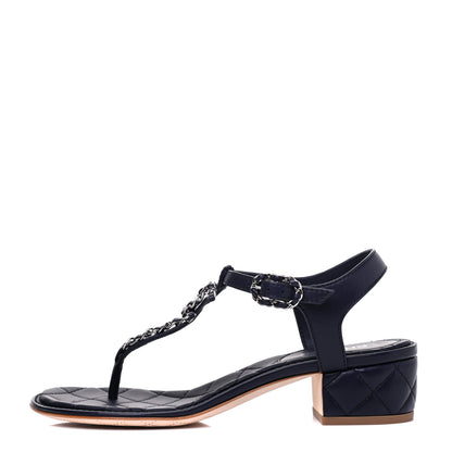 Chanel Lambskin Chain CC Logo Thong Sandals 36 Navy 1 of 9