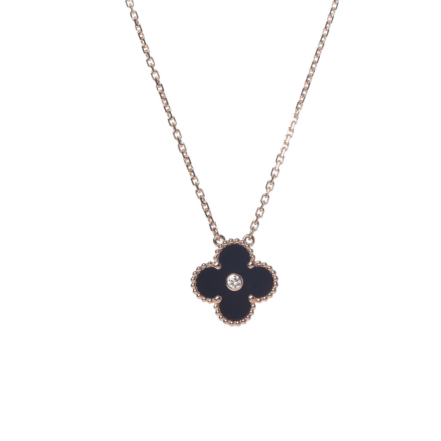 Van Cleef & Arpels 18K Rose Gold Diamond Black Onyx Vintage Alhambra Pendant Necklace 4 of 6